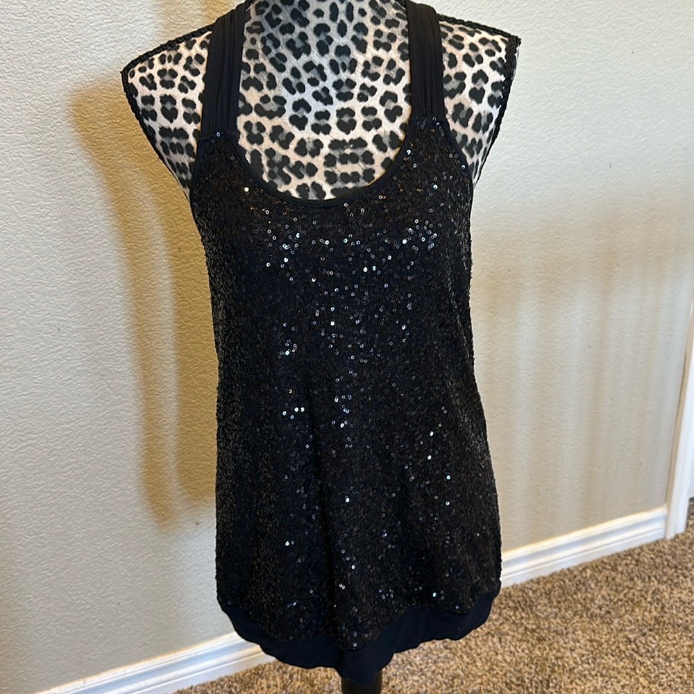 Women’s Express brand tank top, sequins, black, back detail